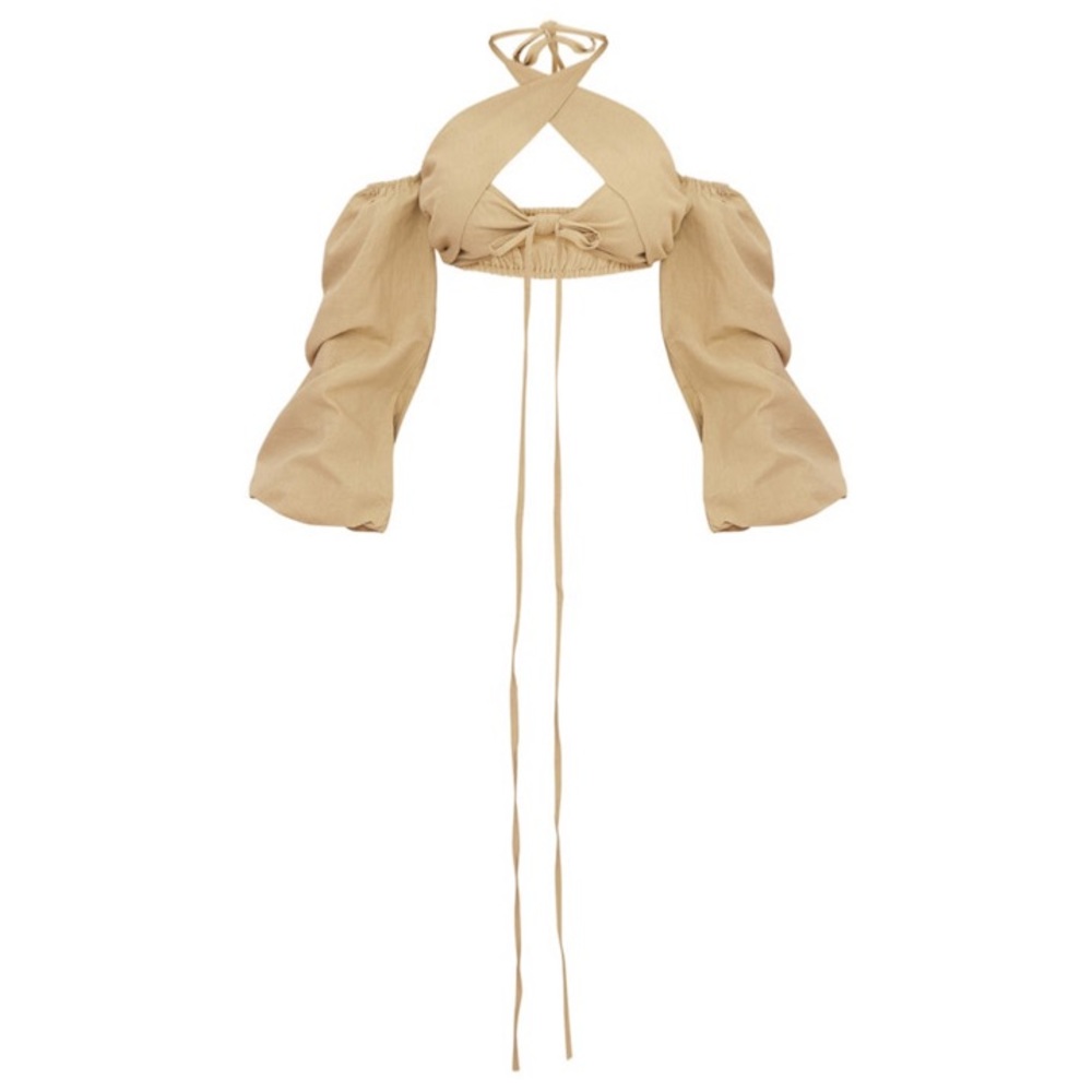 NWT PrettyLittleThing Olive Linen Feel Halter Lace Up Fringe Detail Top - Picture 4 of 6